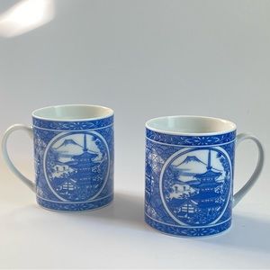 Pair of vintage Japanese mugs ft pagoda, mountain and garden view